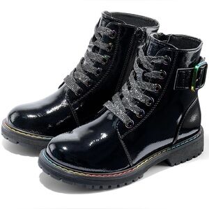 Girls Patent Black Combat Boots Ankle Lace Up Zipper 4.5